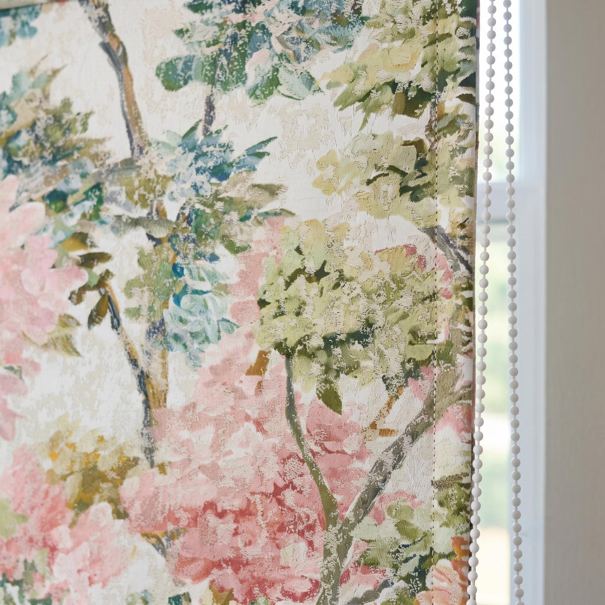 Luxury Custom Roman Shades, Pink Green Floral Jacquard Linen Silk Textured Roman Blind, Blackout Corded Window Treatment — image 6