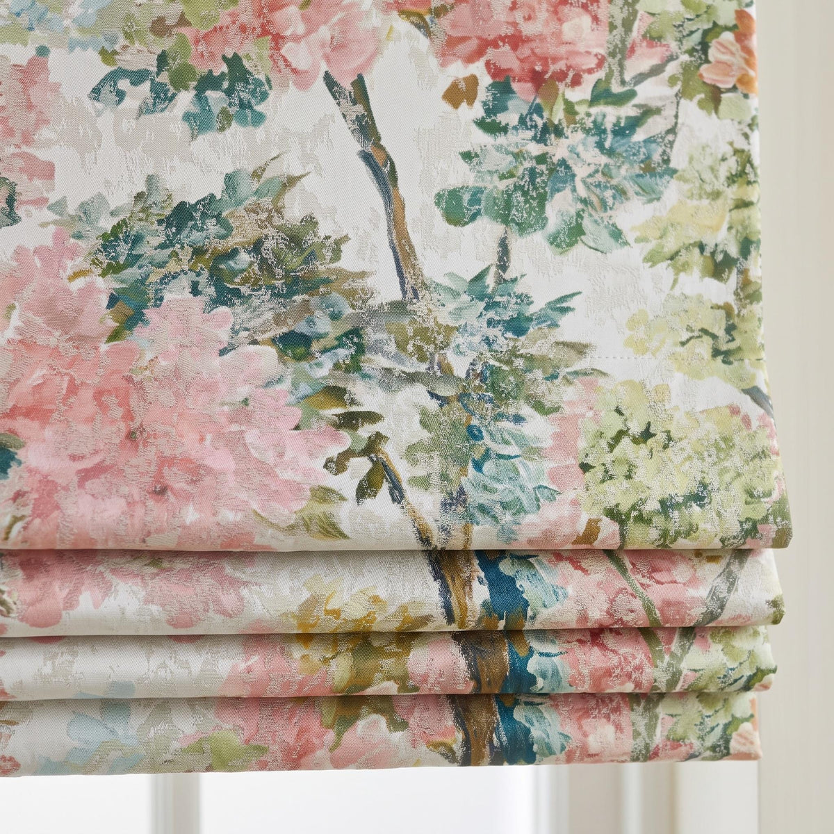 Luxury Custom Roman Shades, Pink Green Floral Jacquard Linen Silk Textured Roman Blind, Blackout Corded Window Treatment — image 3