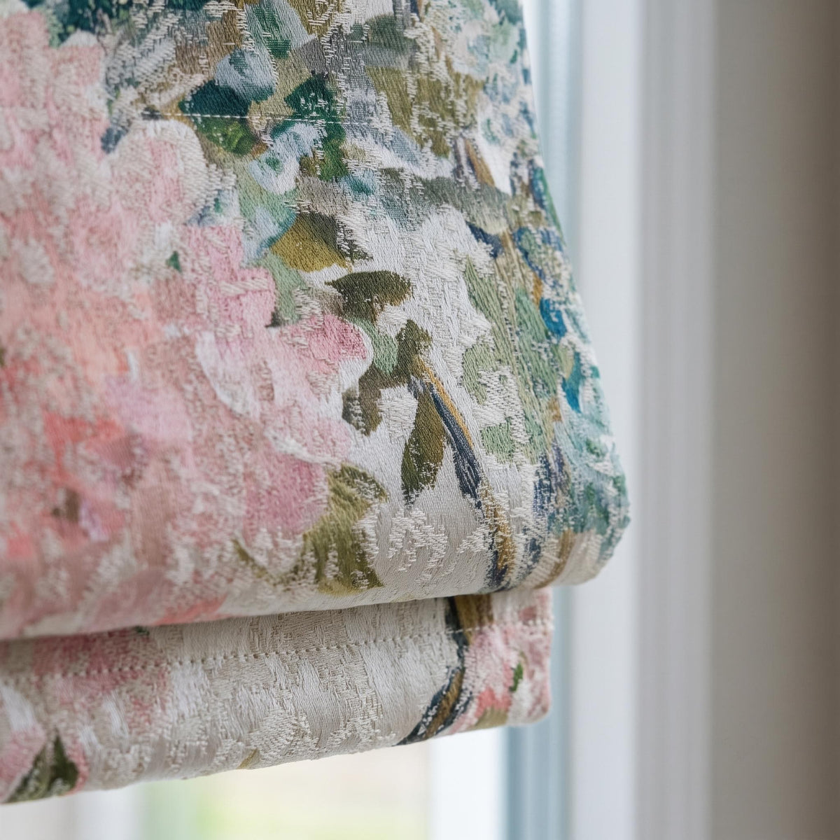 Luxury Custom Roman Shades, Pink Green Floral Jacquard Linen Silk Textured Roman Blind, Blackout Corded Window Treatment — image 5