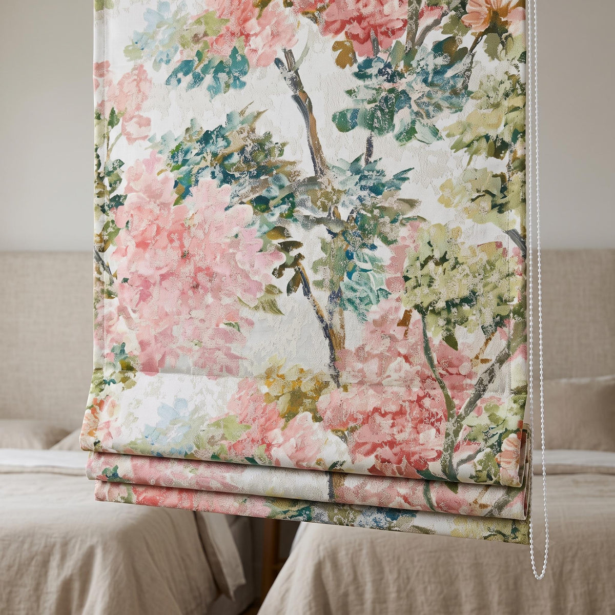 Luxury Custom Roman Shades, Pink Green Floral Jacquard Linen Silk Textured Roman Blind, Blackout Corded Window Treatment — image 9