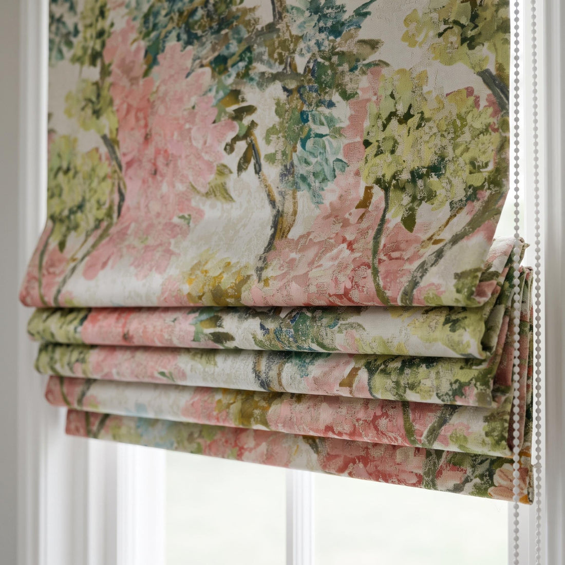 Luxury Custom Roman Shades, Pink Green Floral Jacquard Linen Silk Textured Roman Blind, Blackout Corded Window Treatment — image 1