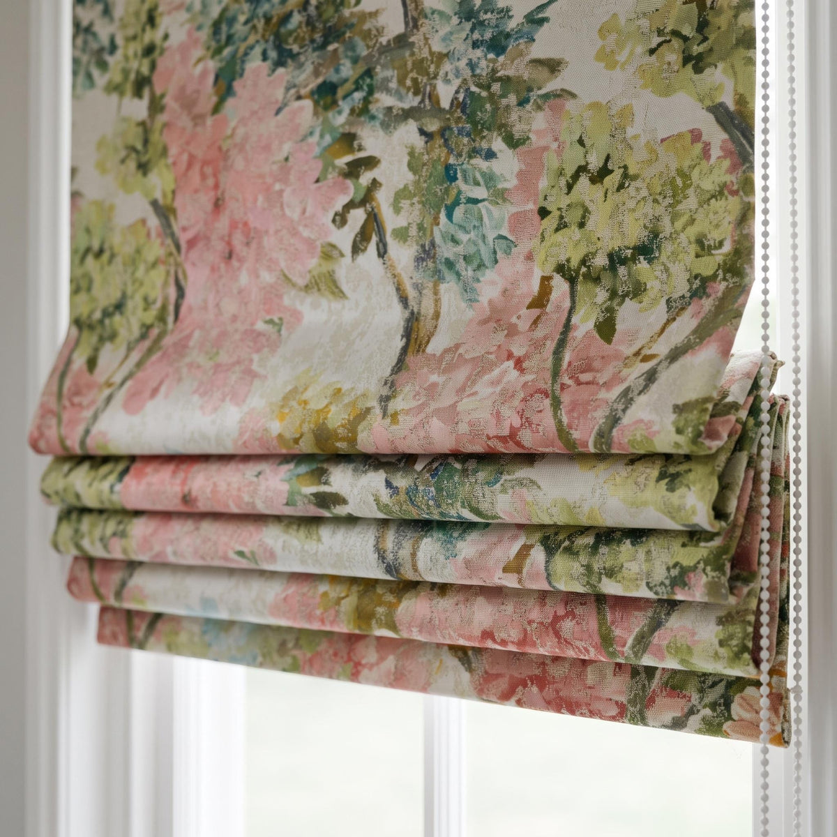 Luxury Custom Roman Shades, Pink Green Floral Jacquard Linen Silk Textured Roman Blind, Blackout Corded Window Treatment — image 1