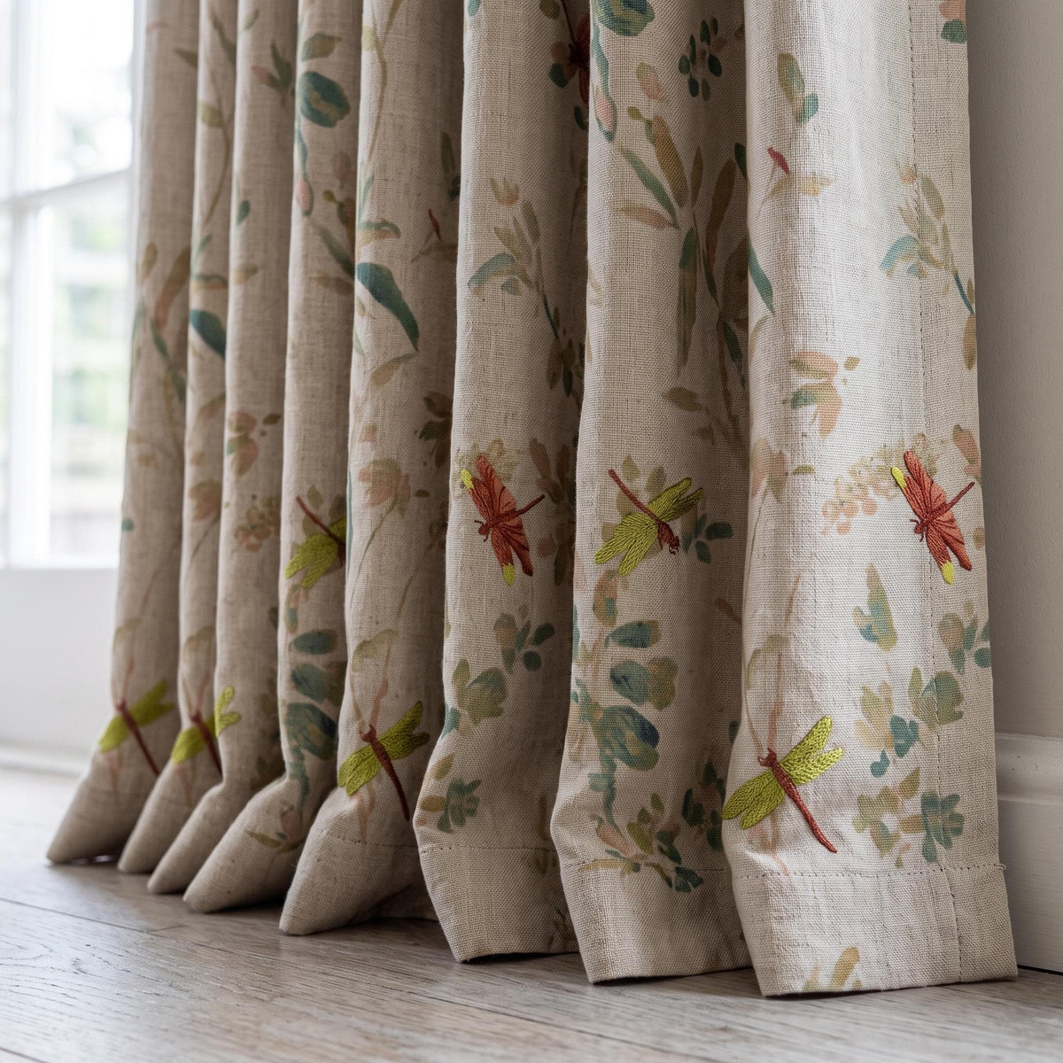 Oatmeal Dragonfly Linen Curtains, Embroidered Botanical Drapes, Custom Blackout or Sheer Living Room Panels — image 2