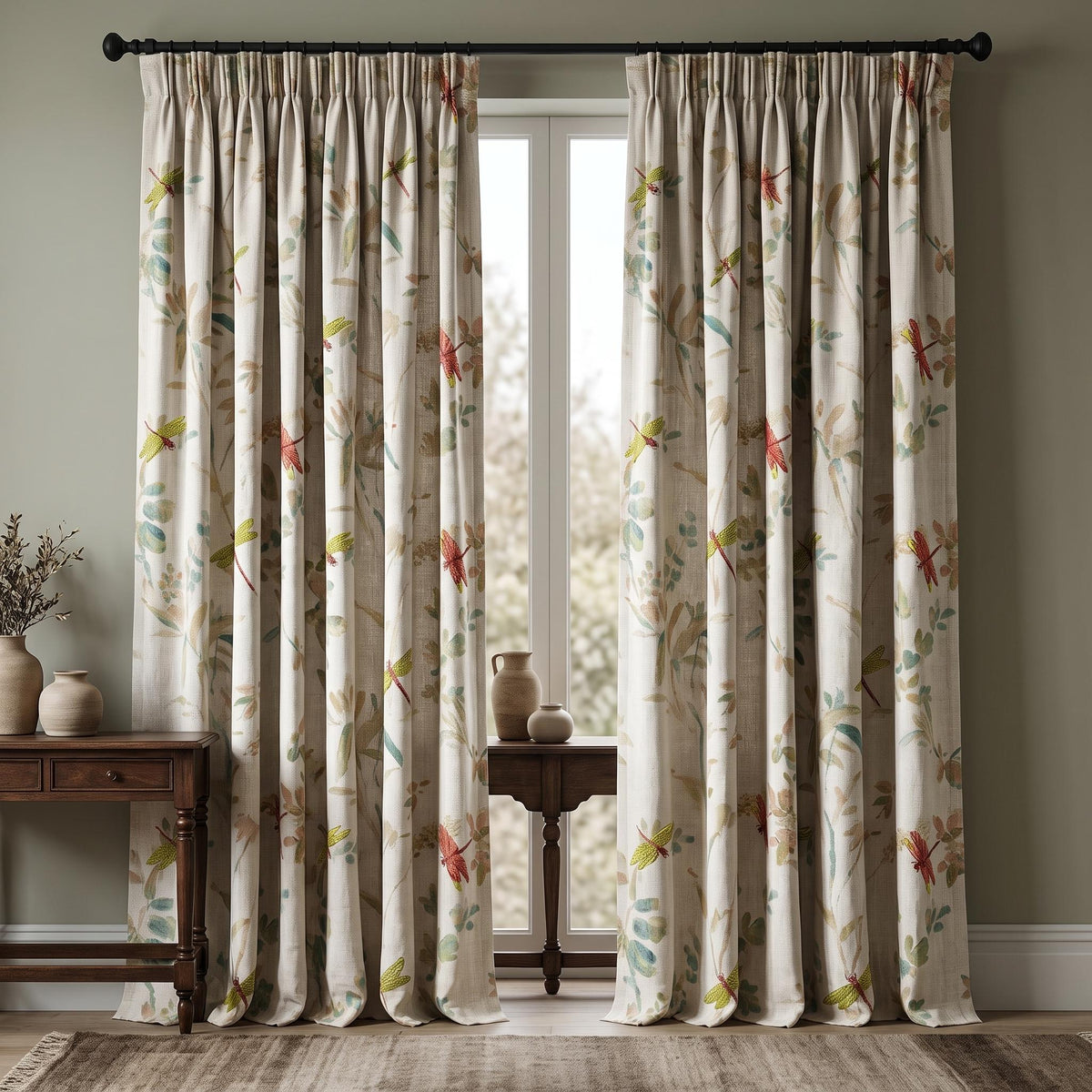 Oatmeal Dragonfly Linen Curtains, Embroidered Botanical Drapes, Custom Blackout or Sheer Living Room Panels — image 8