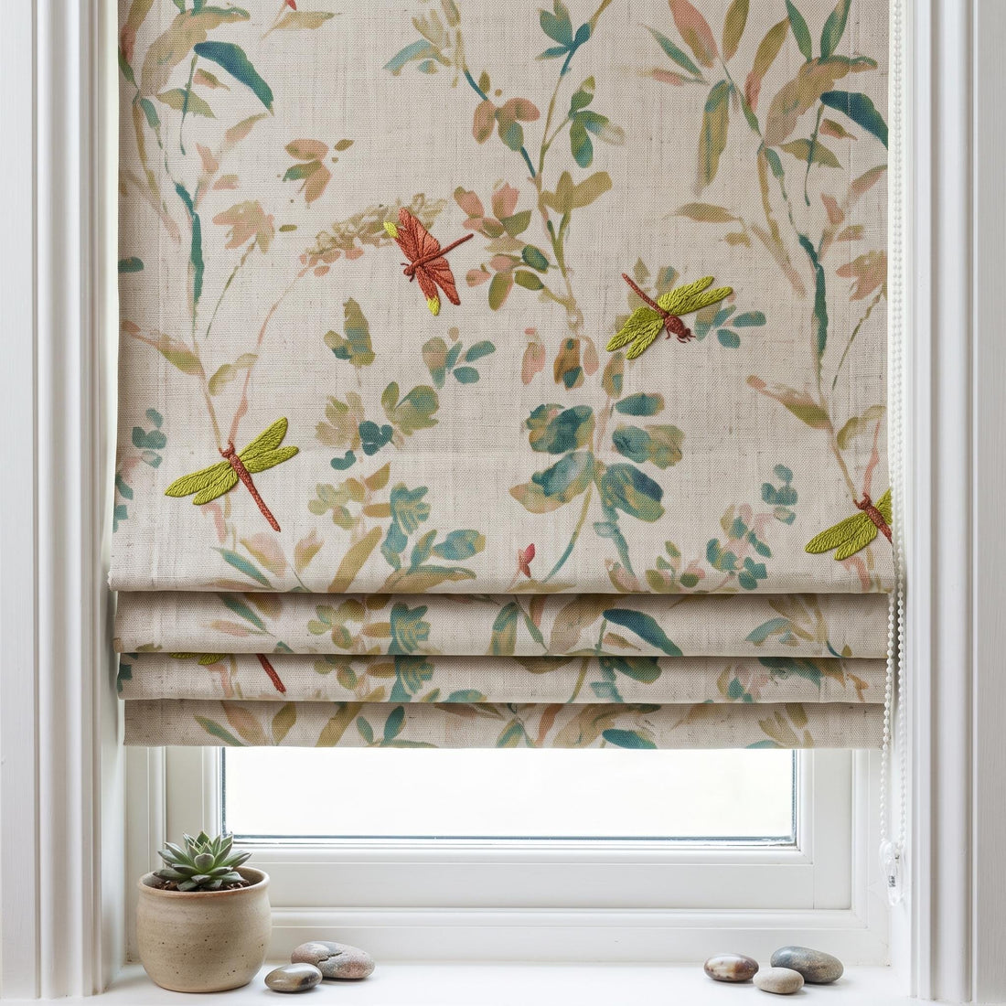 Custom Roman Shades, Oatmeal Green Dragonfly Embroidered Linen Roman Blind, Blackout Corded Window Treatment, Cottage Blind — image 1