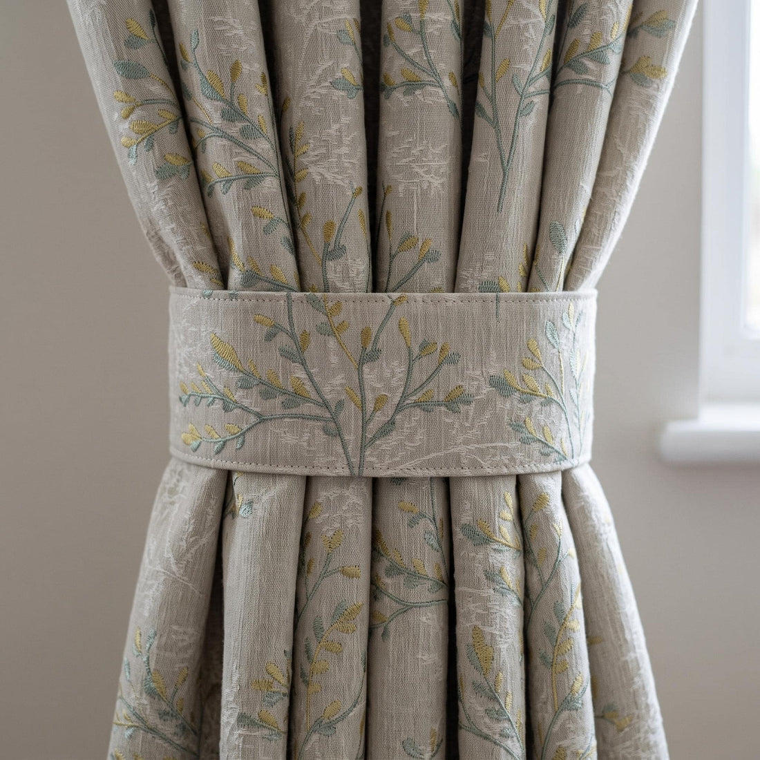 Natural Oatmeal Linen Curtains, Aqua Yellow Botanical Embroidered Drapes, Custom Blackout or Light Filtering Panels — image 1