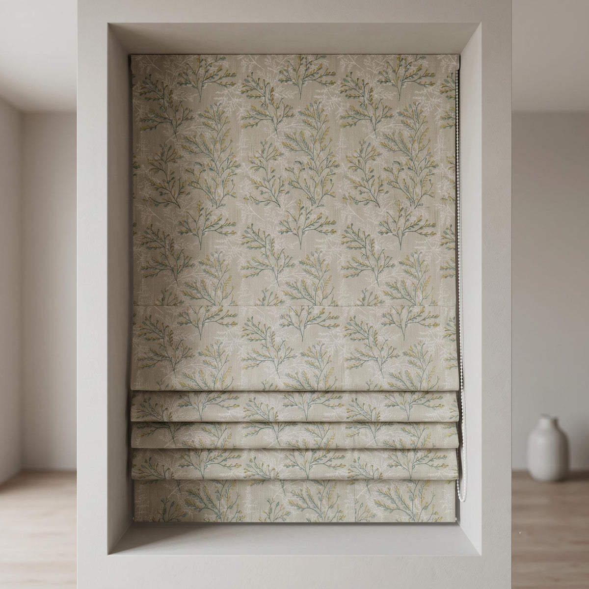 Custom Roman Shades, Oatmeal Linen Botanical Embroidered Roman Blind, Blackout Corded Window Treatment, Sage Yellow Leaf Shade — image 9
