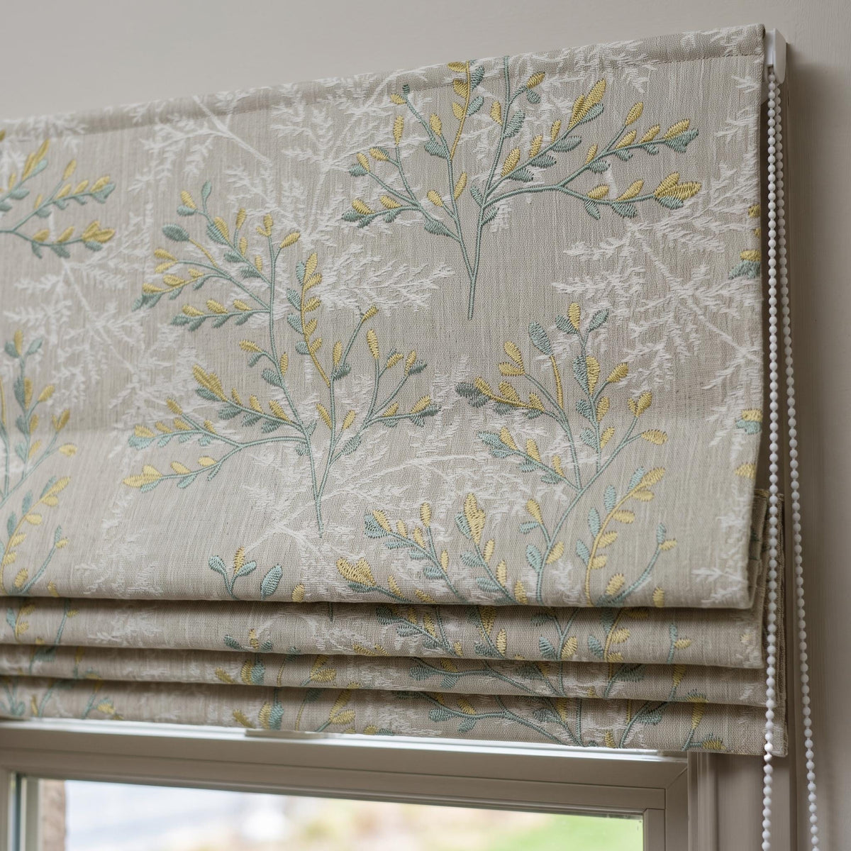 Custom Roman Shades, Oatmeal Linen Botanical Embroidered Roman Blind, Blackout Corded Window Treatment, Sage Yellow Leaf Shade — image 7
