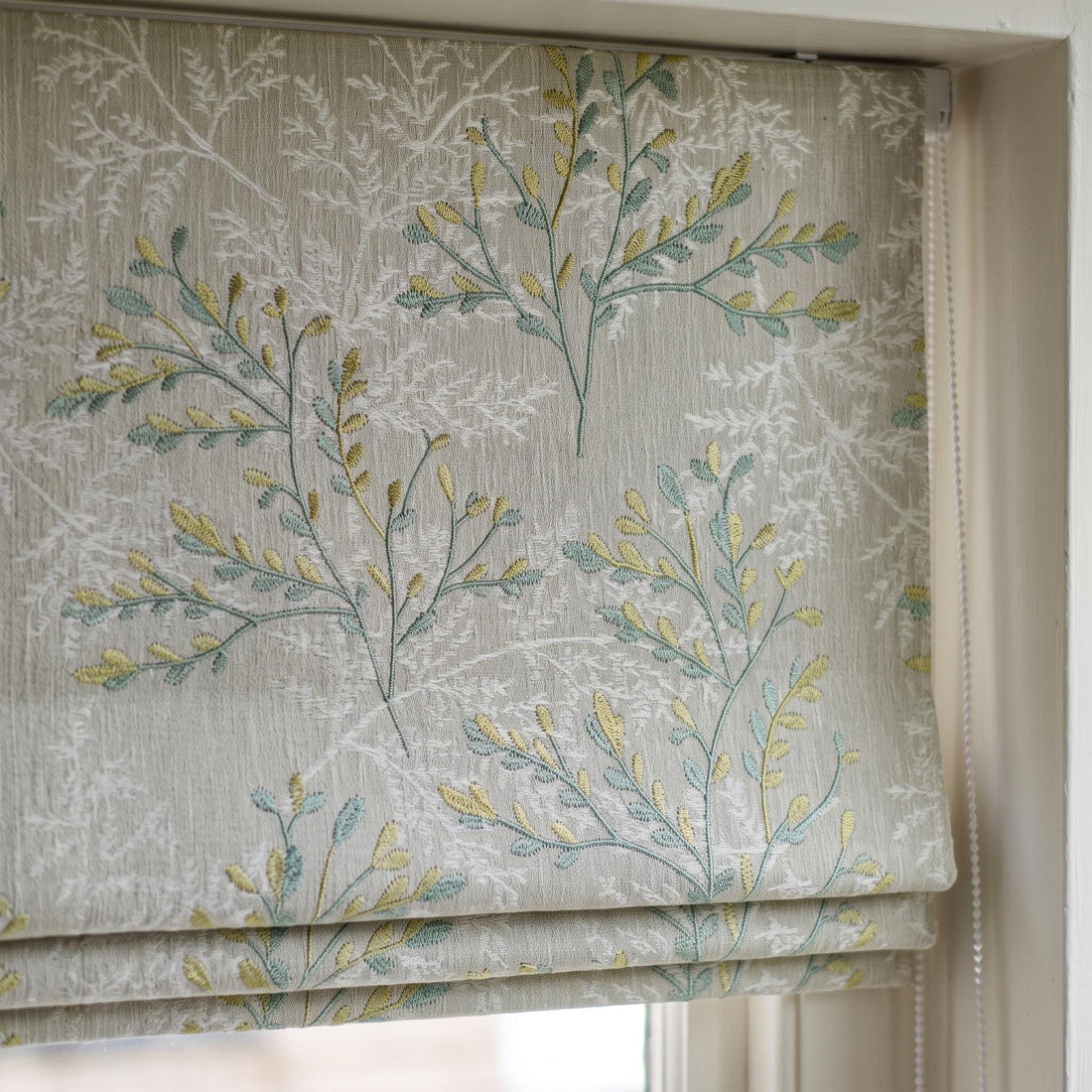 Custom Roman Shades, Oatmeal Linen Botanical Embroidered Roman Blind, Blackout Corded Window Treatment, Sage Yellow Leaf Shade — image 1