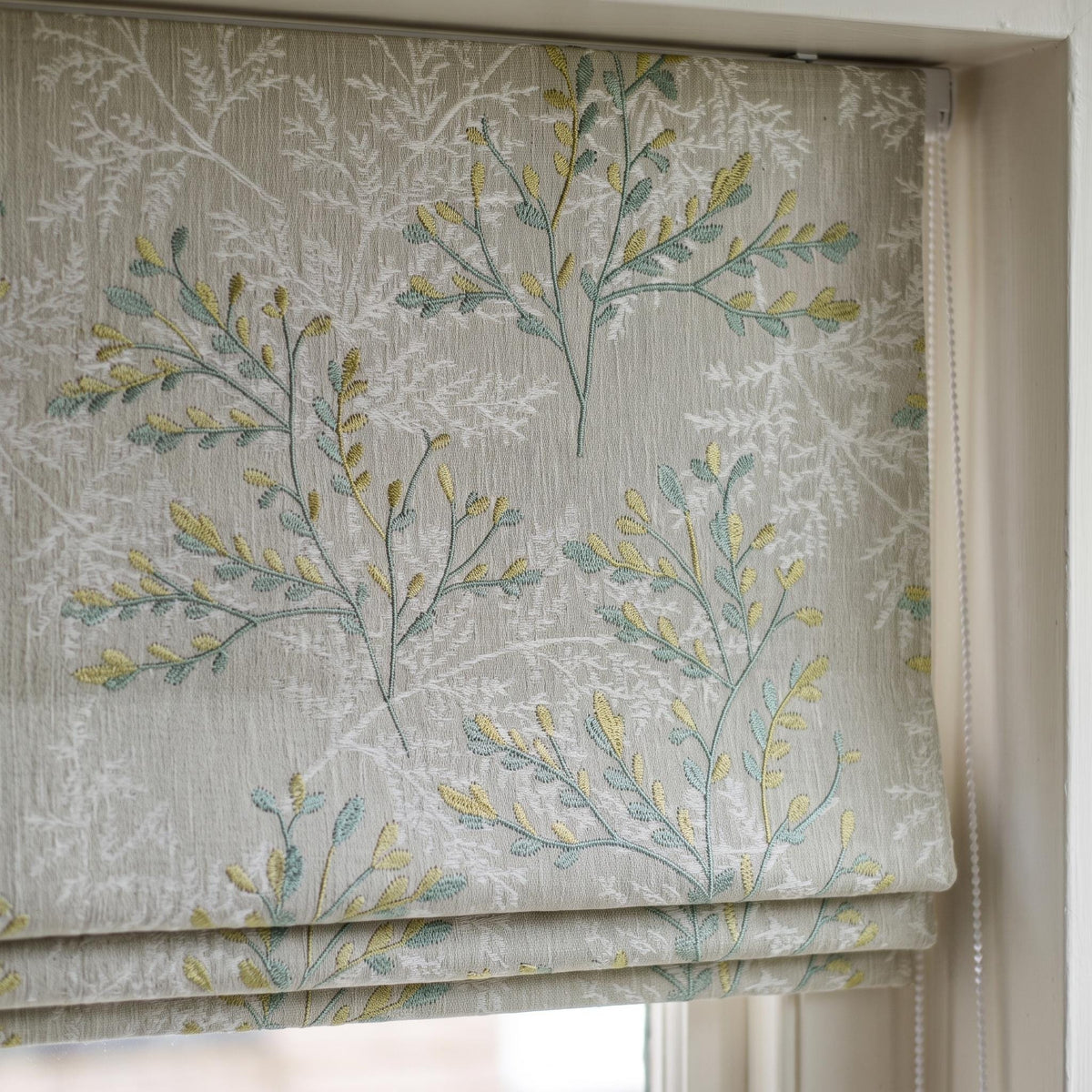 Custom Roman Shades, Oatmeal Linen Botanical Embroidered Roman Blind, Blackout Corded Window Treatment, Sage Yellow Leaf Shade — image 2