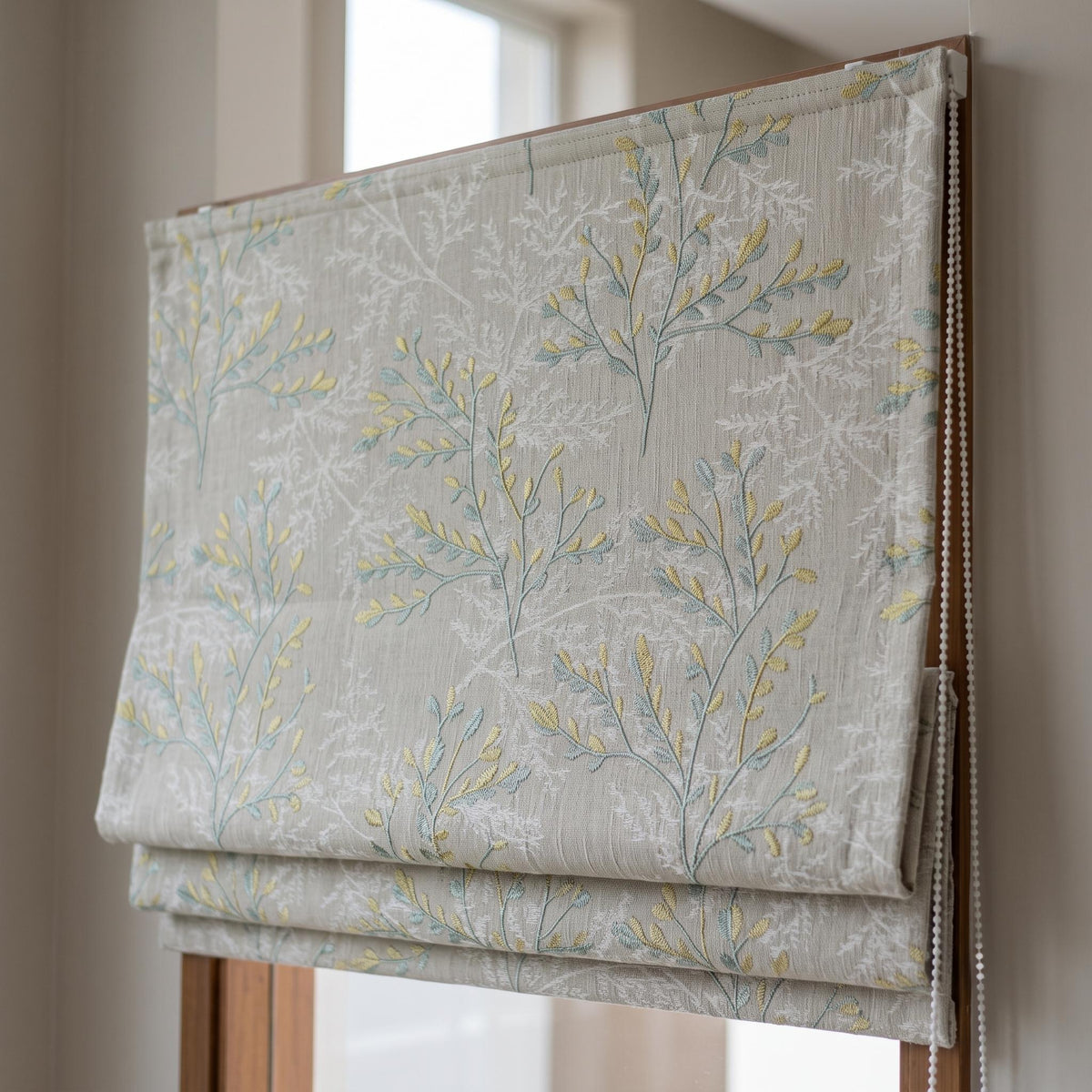 Custom Roman Shades, Oatmeal Linen Botanical Embroidered Roman Blind, Blackout Corded Window Treatment, Sage Yellow Leaf Shade — image 8