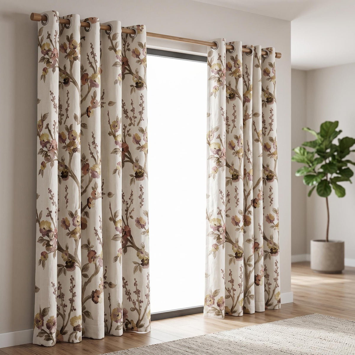 Natural Oatmeal Floral Linen Curtains, Taupe Mauve Embroidered Botanical Drapes, Custom Blackout or Sheer Panels — image 4