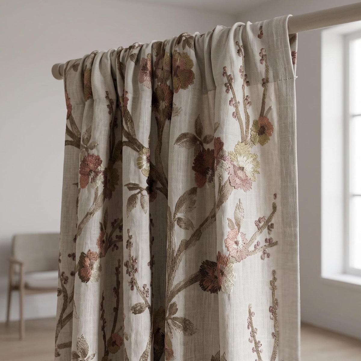 Natural Oatmeal Floral Linen Curtains, Taupe Mauve Embroidered Botanical Drapes, Custom Blackout or Sheer Panels — image 5