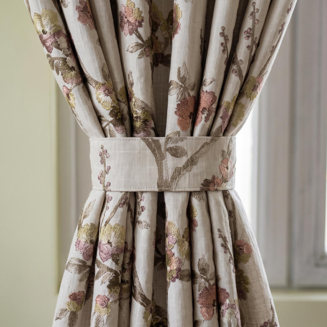 Natural Oatmeal Floral Linen Curtains, Taupe Mauve Embroidered Botanical Drapes, Custom Blackout or Sheer Panels — image 1