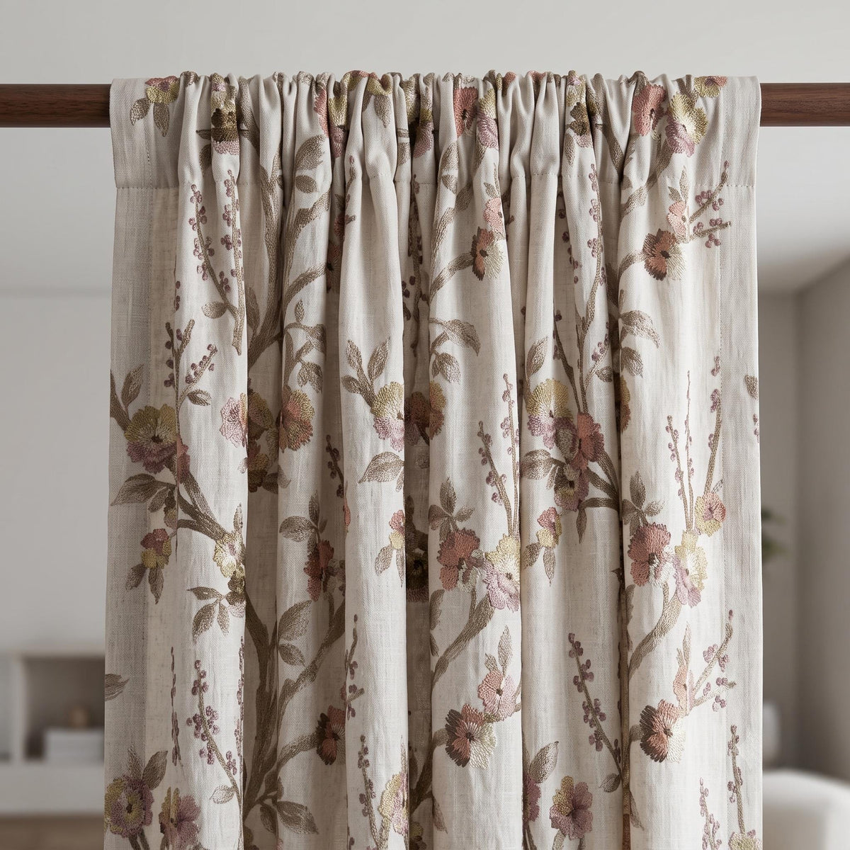 Natural Oatmeal Floral Linen Curtains, Taupe Mauve Embroidered Botanical Drapes, Custom Blackout or Sheer Panels — image 8