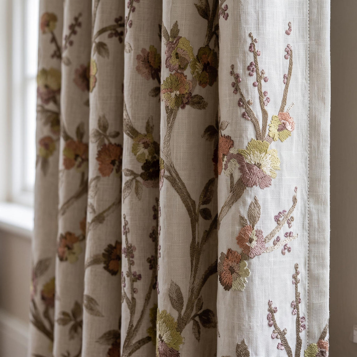 Natural Oatmeal Floral Linen Curtains, Taupe Mauve Embroidered Botanical Drapes, Custom Blackout or Sheer Panels — image 1