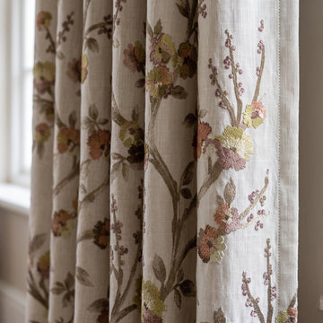 Natural Oatmeal Floral Linen Curtains, Taupe Mauve Embroidered Botanical Drapes, Custom Blackout or Sheer Panels — image 1