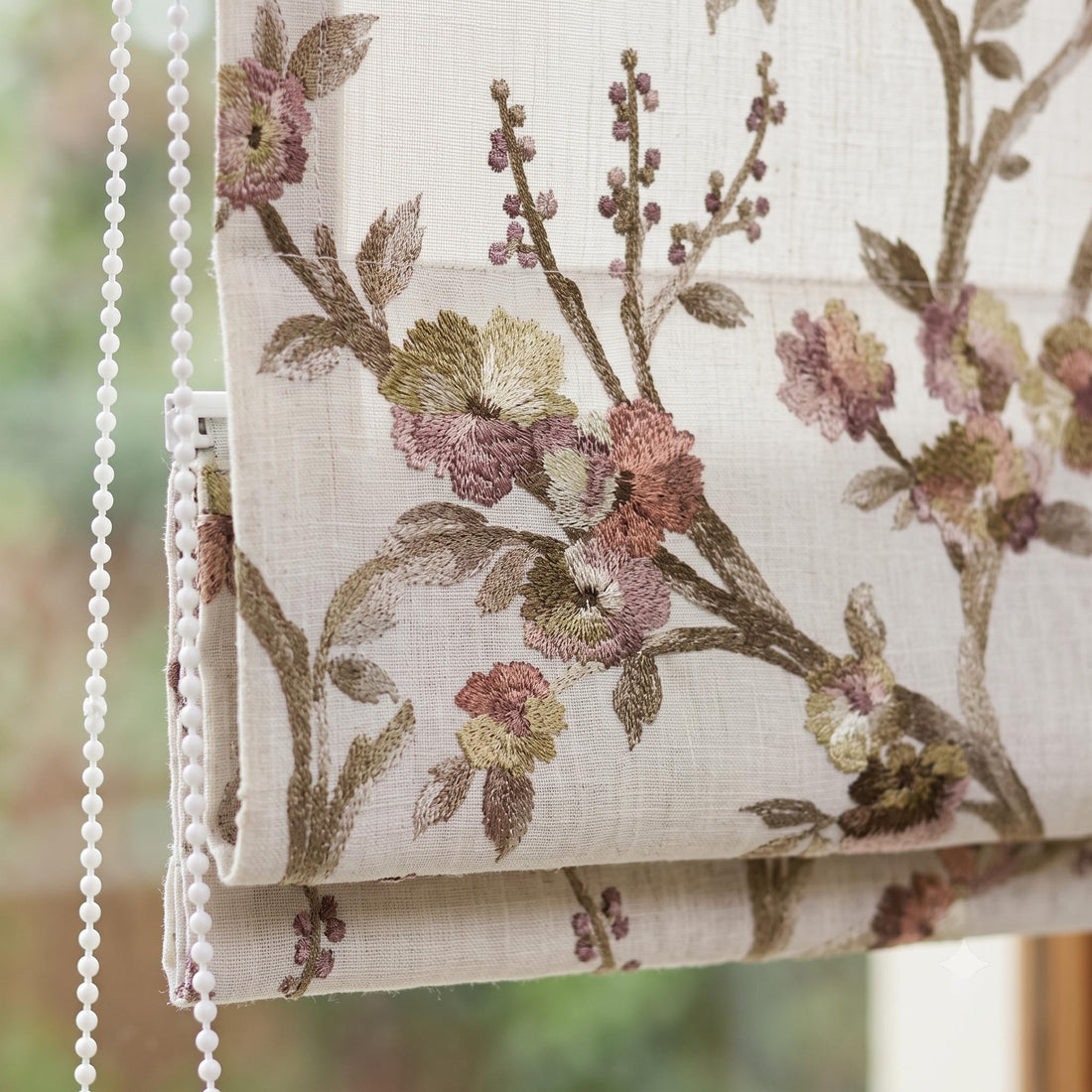Custom Roman Shades, Oatmeal Mauve Floral Embroidered Linen Roman Blind, Blackout Corded Window Treatment, Cottage Blind — image 1