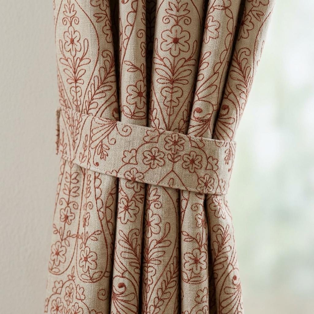 Rust Brown Paisley Floral Embroidered Pure Linen Curtains, Natural Beige Heavy Drapes, Custom Blackout Cotton Lined — image 1