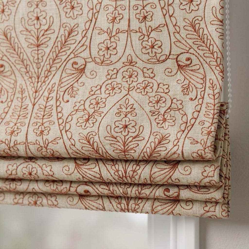 Rust Floral Embroidered Pure Linen Roman Shade, Custom Blackout or Cotton Lined Corded Window Blind, Oatmeal Boho Shade — image 1