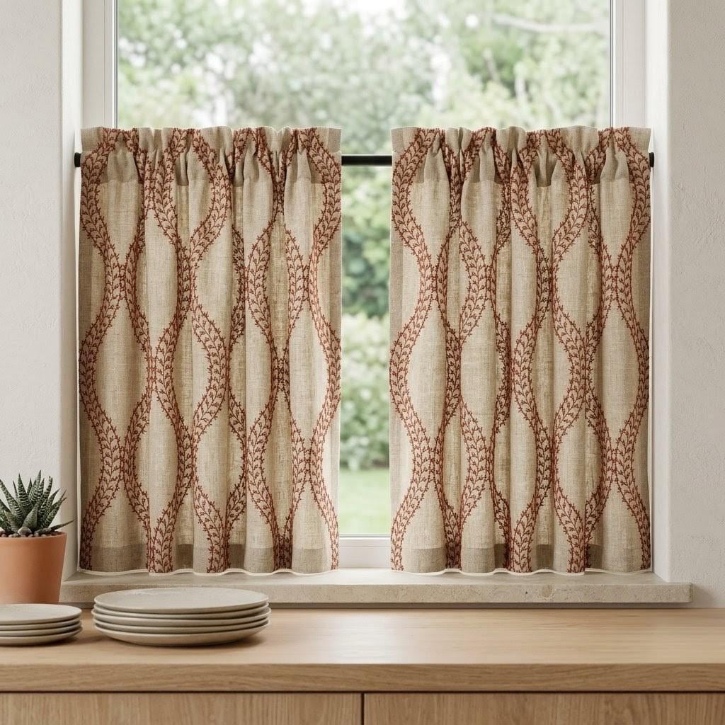 Natural Oatmeal Linen Curtains, Rust Vine Embroidered Trellis Drapes, Custom Blackout or Sheer Panels — image 5