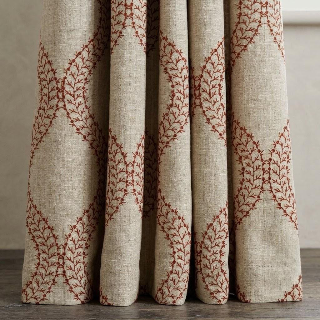 Natural Oatmeal Linen Curtains, Rust Vine Embroidered Trellis Drapes, Custom Blackout or Sheer Panels — image 6