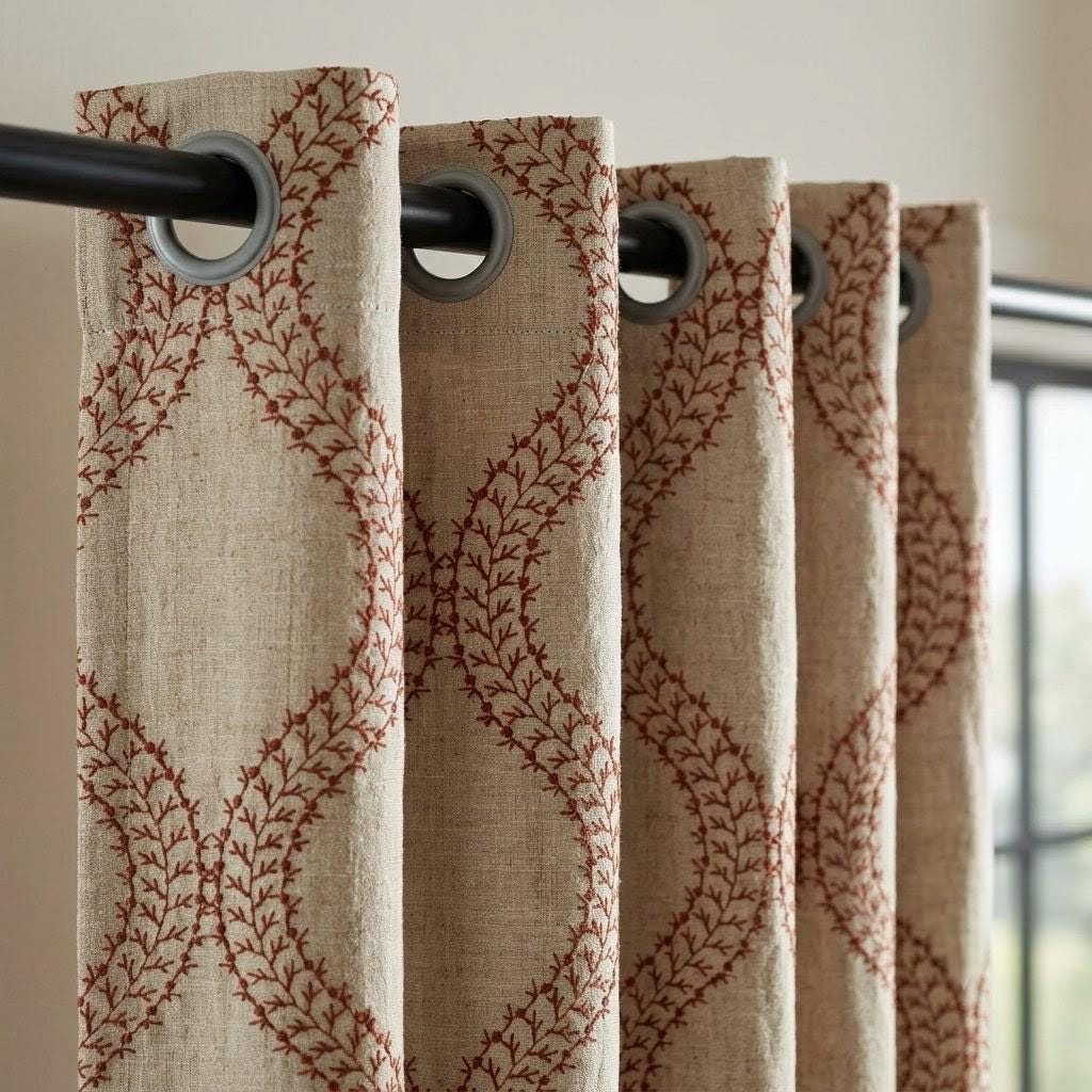 Natural Oatmeal Linen Curtains, Rust Vine Embroidered Trellis Drapes, Custom Blackout or Sheer Panels — image 8