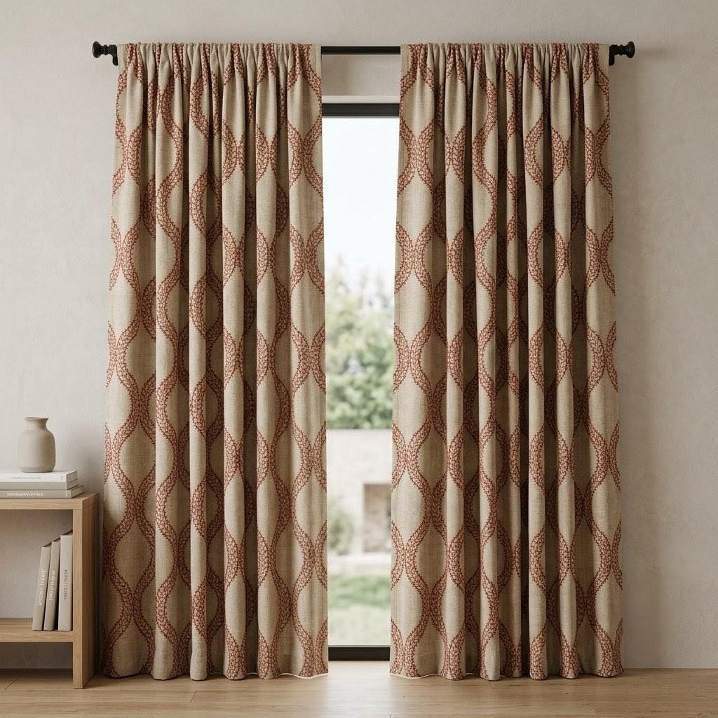 Natural Oatmeal Linen Curtains, Rust Vine Embroidered Trellis Drapes, Custom Blackout or Sheer Panels — image 7