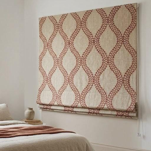 Custom Roman Shades, Oatmeal Rust Trellis Embroidered Linen Roman Blind, Blackout Corded Window Treatment, Farmhouse Blind — image 4