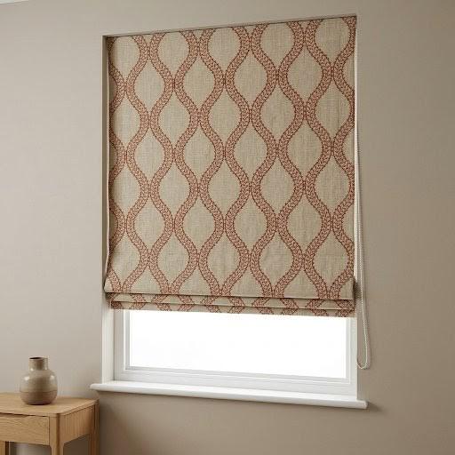 Custom Roman Shades, Oatmeal Rust Trellis Embroidered Linen Roman Blind, Blackout Corded Window Treatment, Farmhouse Blind — image 1