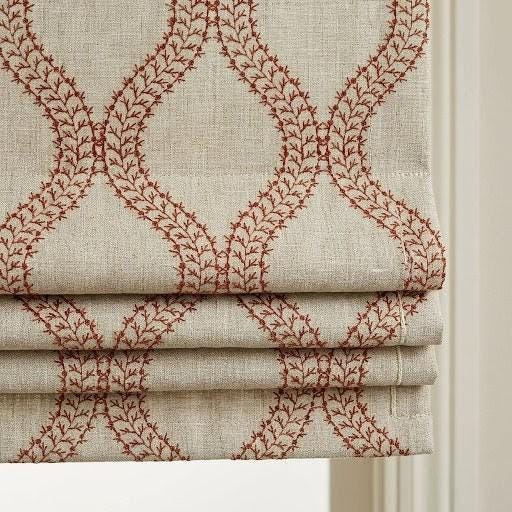 Custom Roman Shades, Oatmeal Rust Trellis Embroidered Linen Roman Blind, Blackout Corded Window Treatment, Farmhouse Blind — image 3