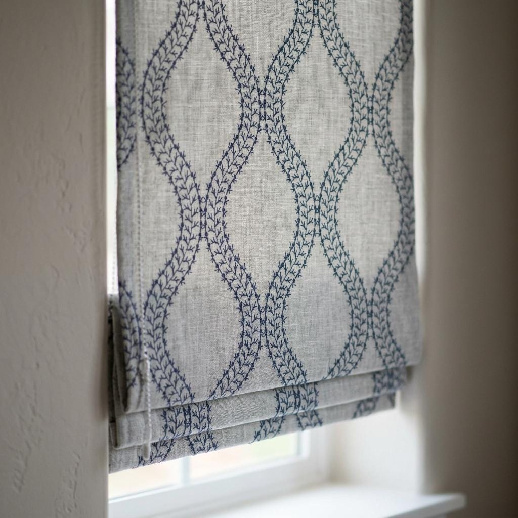 Custom Roman Shades, Oatmeal Blue Trellis Embroidered Linen Roman Blind, Blackout Corded Window Treatment, Coastal Shade — image 5