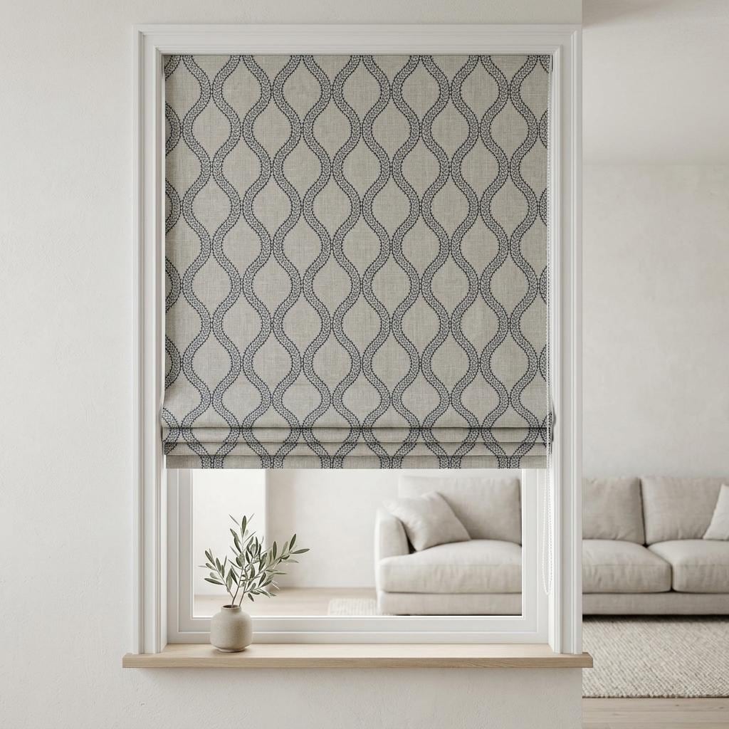 Custom Roman Shades, Oatmeal Blue Trellis Embroidered Linen Roman Blind, Blackout Corded Window Treatment, Coastal Shade — image 8