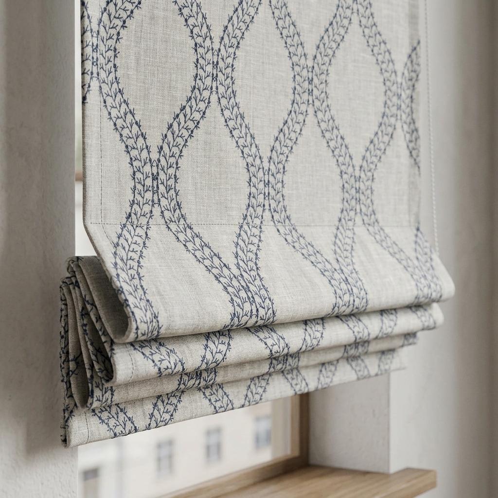 Custom Roman Shades, Oatmeal Blue Trellis Embroidered Linen Roman Blind, Blackout Corded Window Treatment, Coastal Shade — image 1