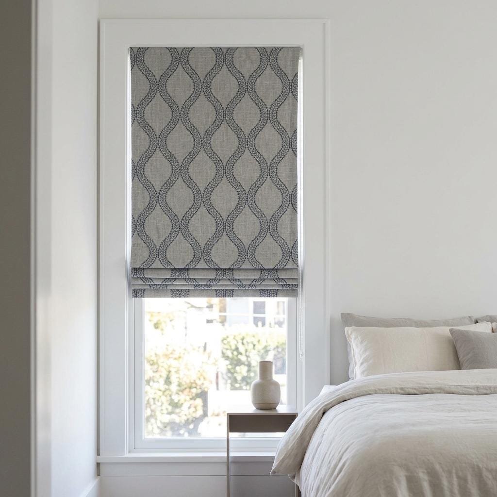 Custom Roman Shades, Oatmeal Blue Trellis Embroidered Linen Roman Blind, Blackout Corded Window Treatment, Coastal Shade — image 6