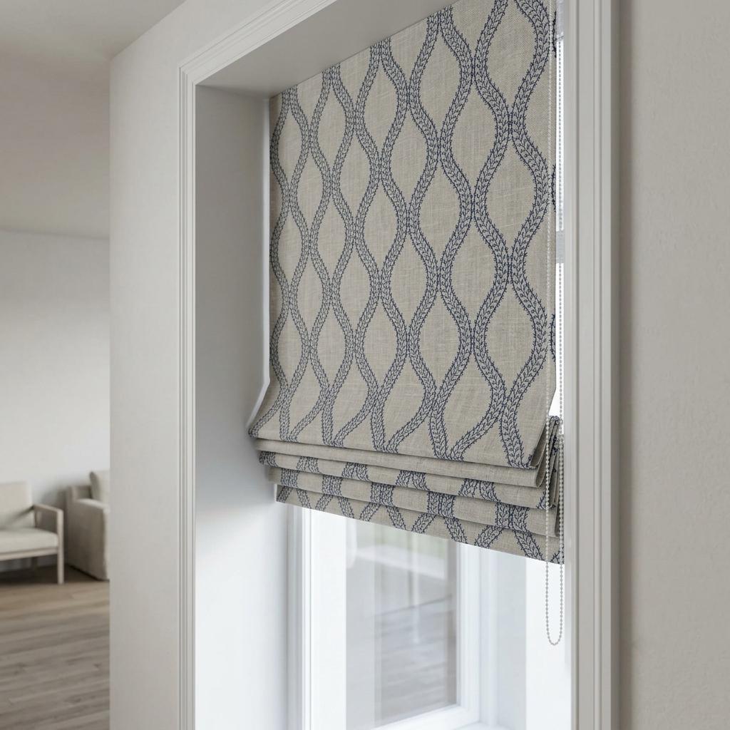 Custom Roman Shades, Oatmeal Blue Trellis Embroidered Linen Roman Blind, Blackout Corded Window Treatment, Coastal Shade — image 7