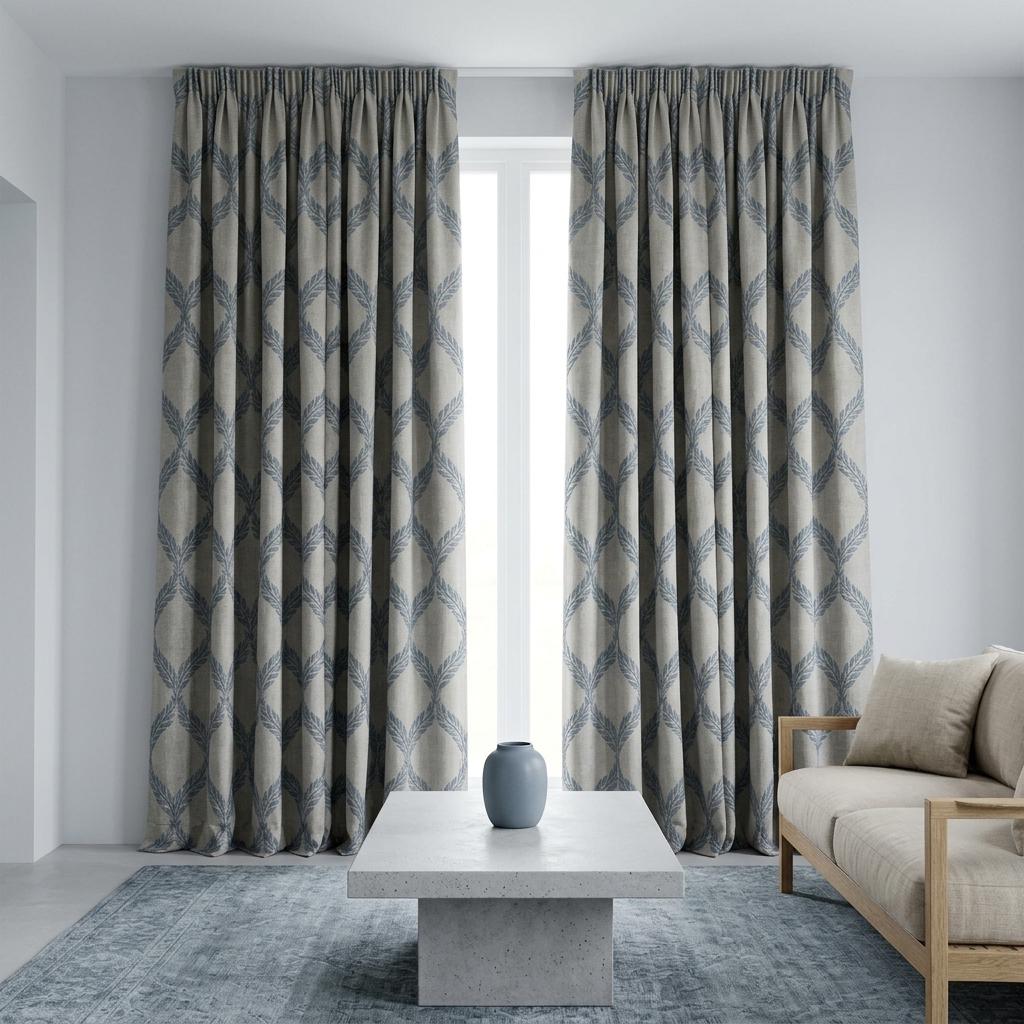Natural Oatmeal Grey Linen Curtains, Blue Vine Embroidered Trellis Drapes, Custom Blackout or Sheer Panels — image 5