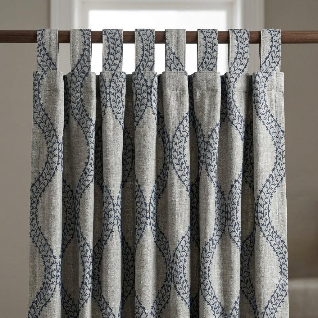 Natural Oatmeal Grey Linen Curtains, Blue Vine Embroidered Trellis Drapes, Custom Blackout or Sheer Panels — image 7