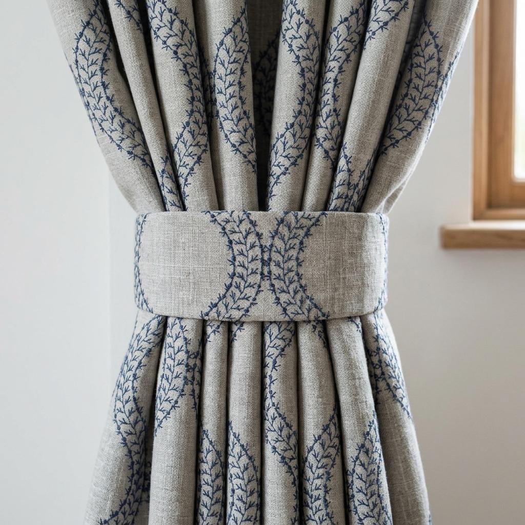 Natural Oatmeal Grey Linen Curtains, Blue Vine Embroidered Trellis Drapes, Custom Blackout or Sheer Panels — image 2