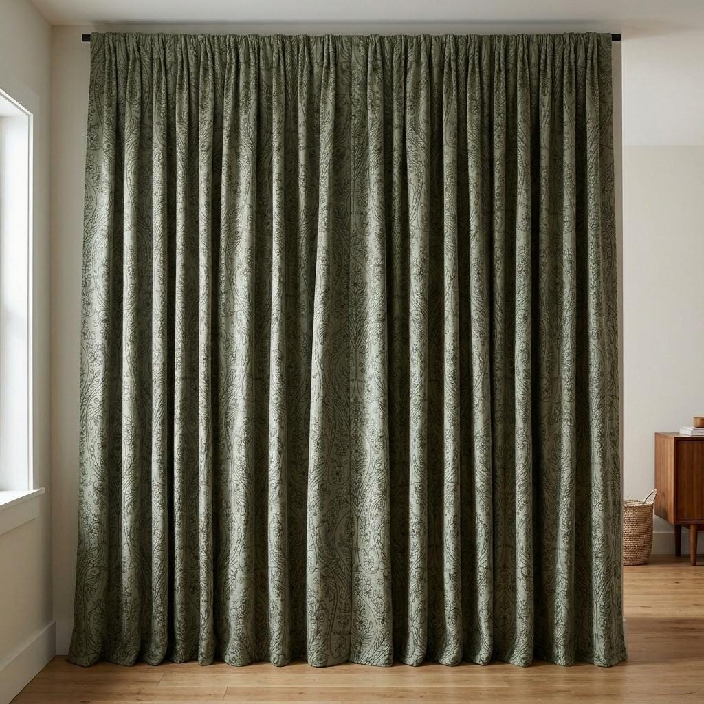 Olive Green Floral Paisley Embroidered Linen Curtains, Natural Beige Heavy Drapes, Custom Blackout or Cotton Lined — image 1