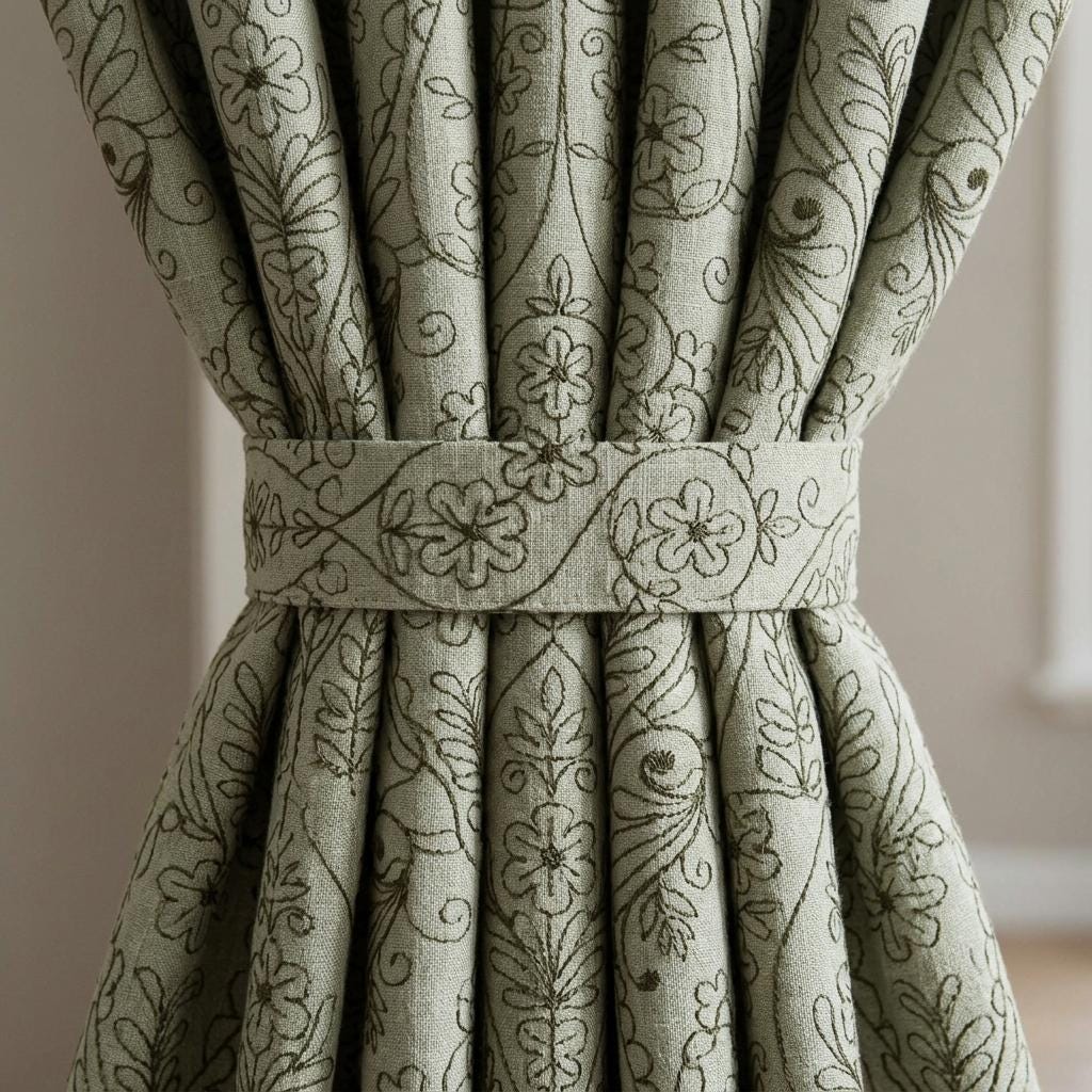 Olive Green Floral Paisley Embroidered Linen Curtains, Natural Beige Heavy Drapes, Custom Blackout or Cotton Lined — image 3