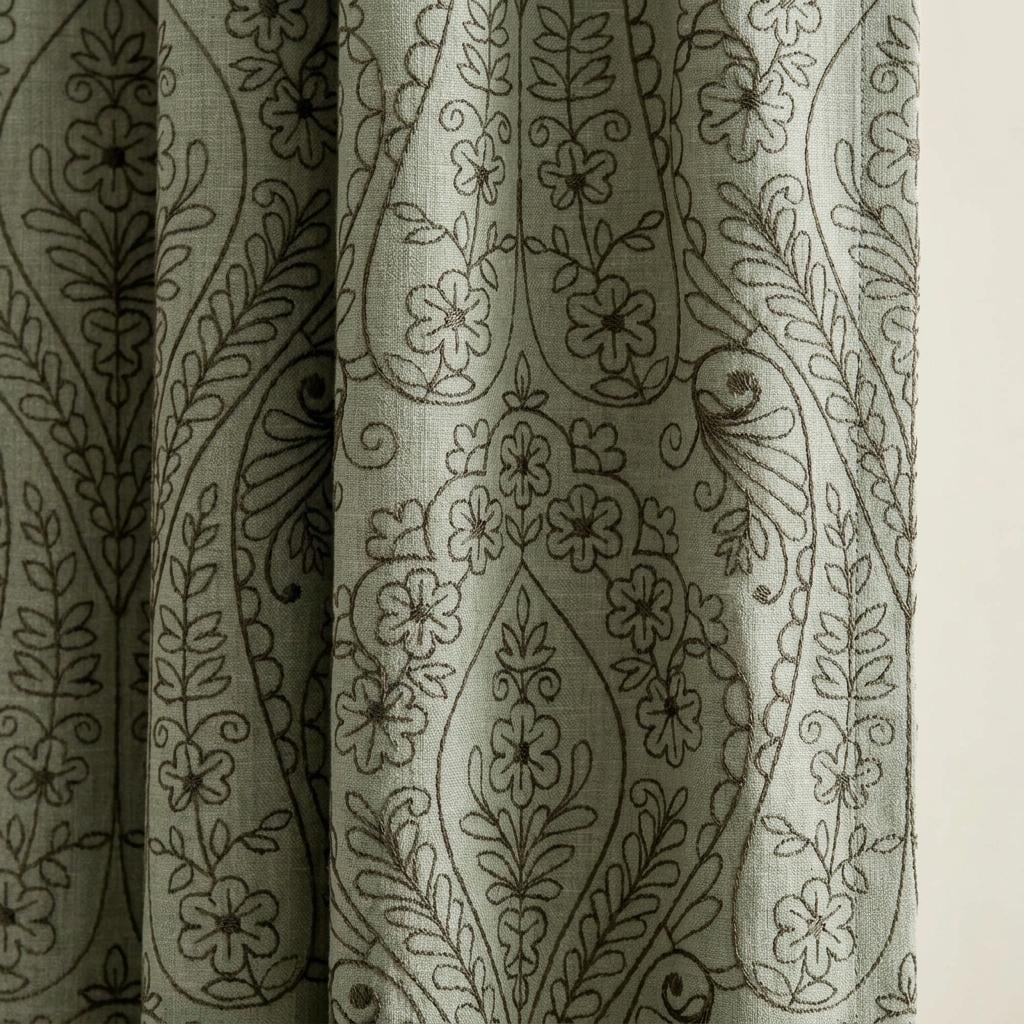 Olive Green Floral Paisley Embroidered Linen Curtains, Natural Beige Heavy Drapes, Custom Blackout or Cotton Lined — image 1