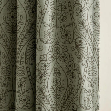 Olive Green Floral Paisley Embroidered Linen Curtains, Natural Beige Heavy Drapes, Custom Blackout or Cotton Lined — image 1