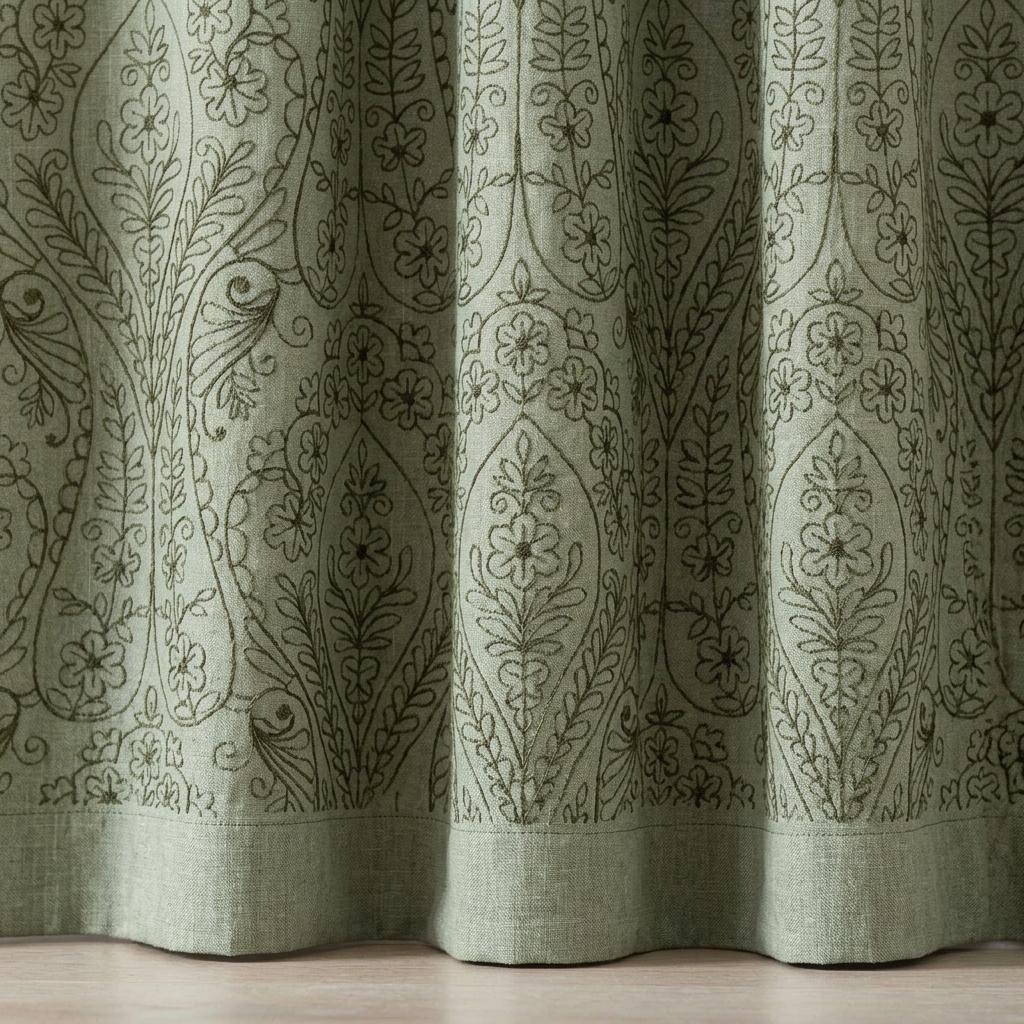 Olive Green Floral Paisley Embroidered Linen Curtains, Natural Beige Heavy Drapes, Custom Blackout or Cotton Lined — image 10