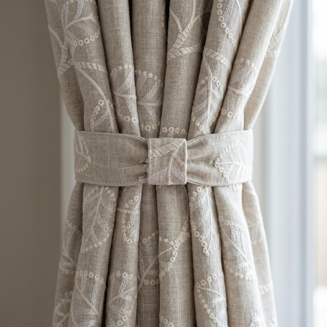 Ivory Leaf Vine Embroidered Linen Curtains, Natural Beige Heavy Drapes, Custom Blackout Cotton Lined Panels — image 1
