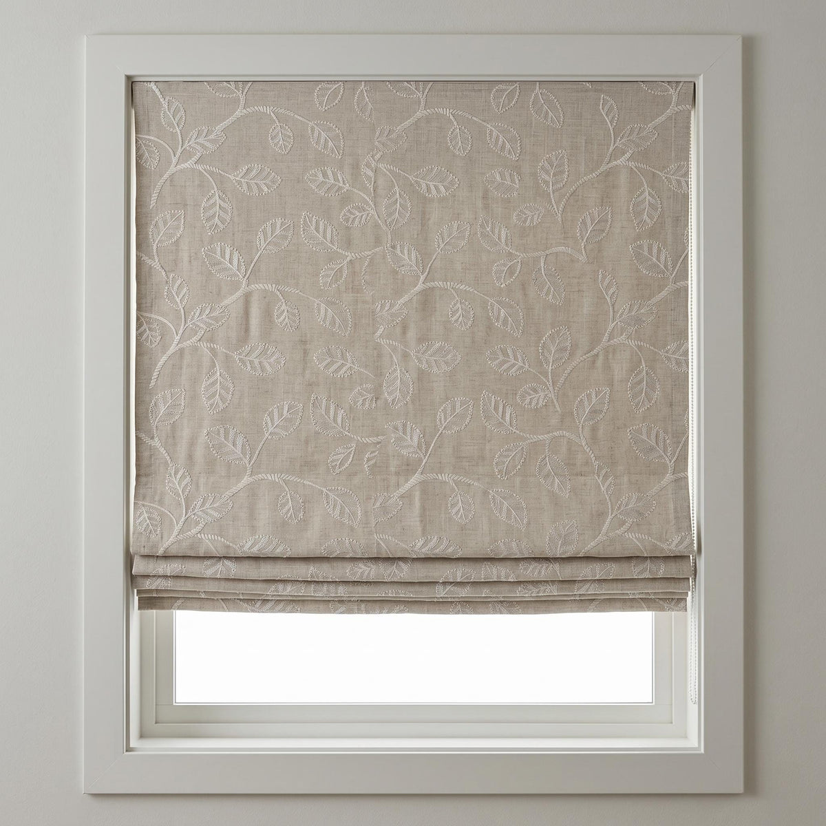Ivory Botanical Embroidered Linen Roman Shade, Custom Blackout or Cotton Lined Corded Window Blind, Natural Oatmeal — image 5