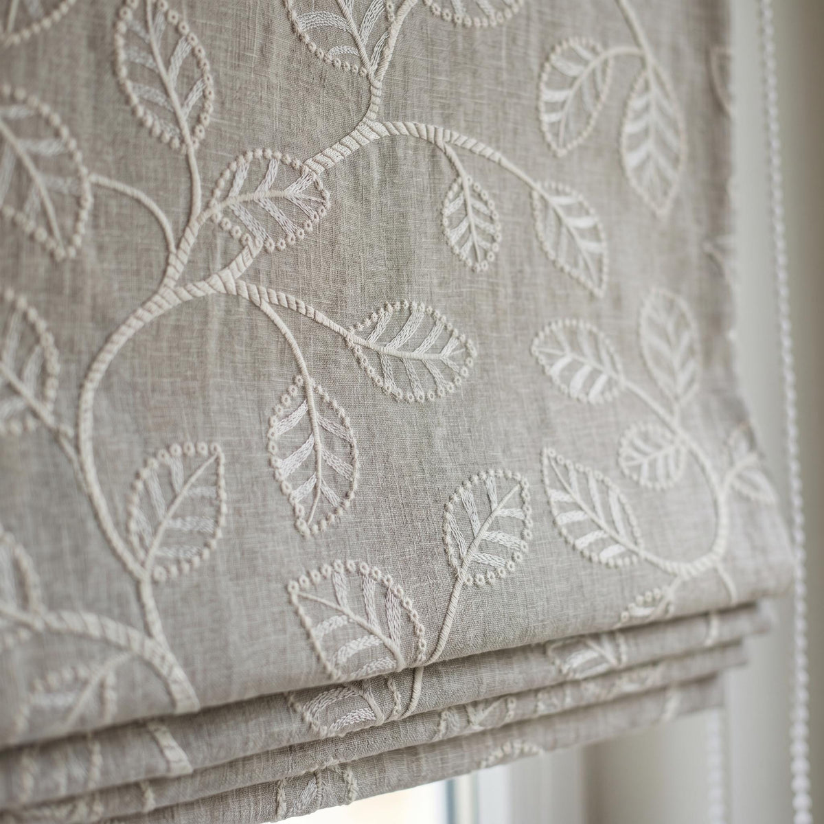 Ivory Botanical Embroidered Linen Roman Shade, Custom Blackout or Cotton Lined Corded Window Blind, Natural Oatmeal — image 3
