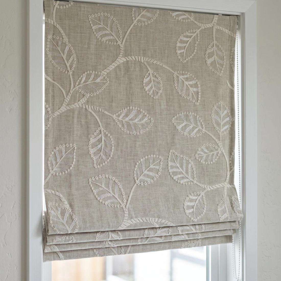 Ivory Botanical Embroidered Linen Roman Shade, Custom Blackout or Cotton Lined Corded Window Blind, Natural Oatmeal — image 1