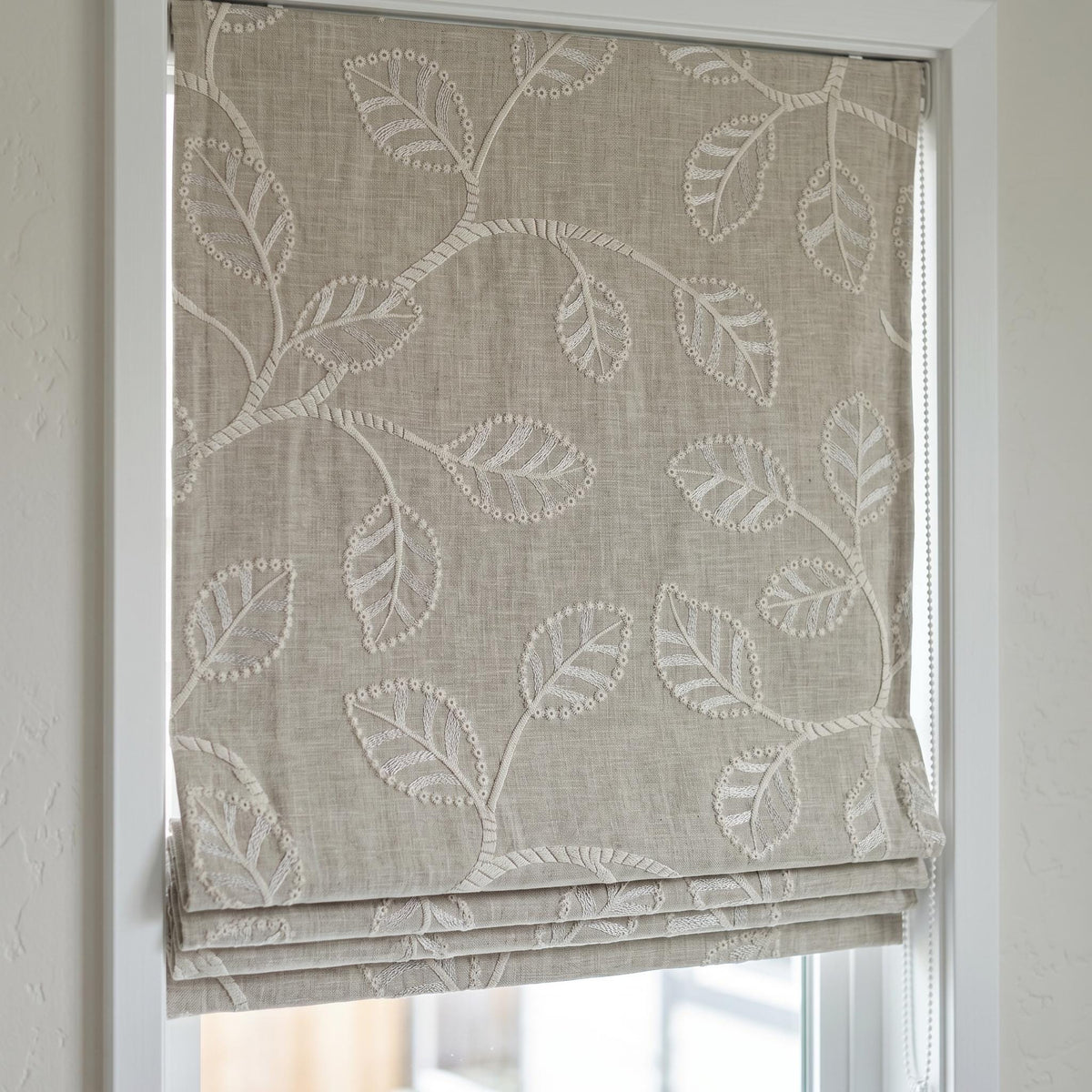 Ivory Botanical Embroidered Linen Roman Shade, Custom Blackout or Cotton Lined Corded Window Blind, Natural Oatmeal — image 2