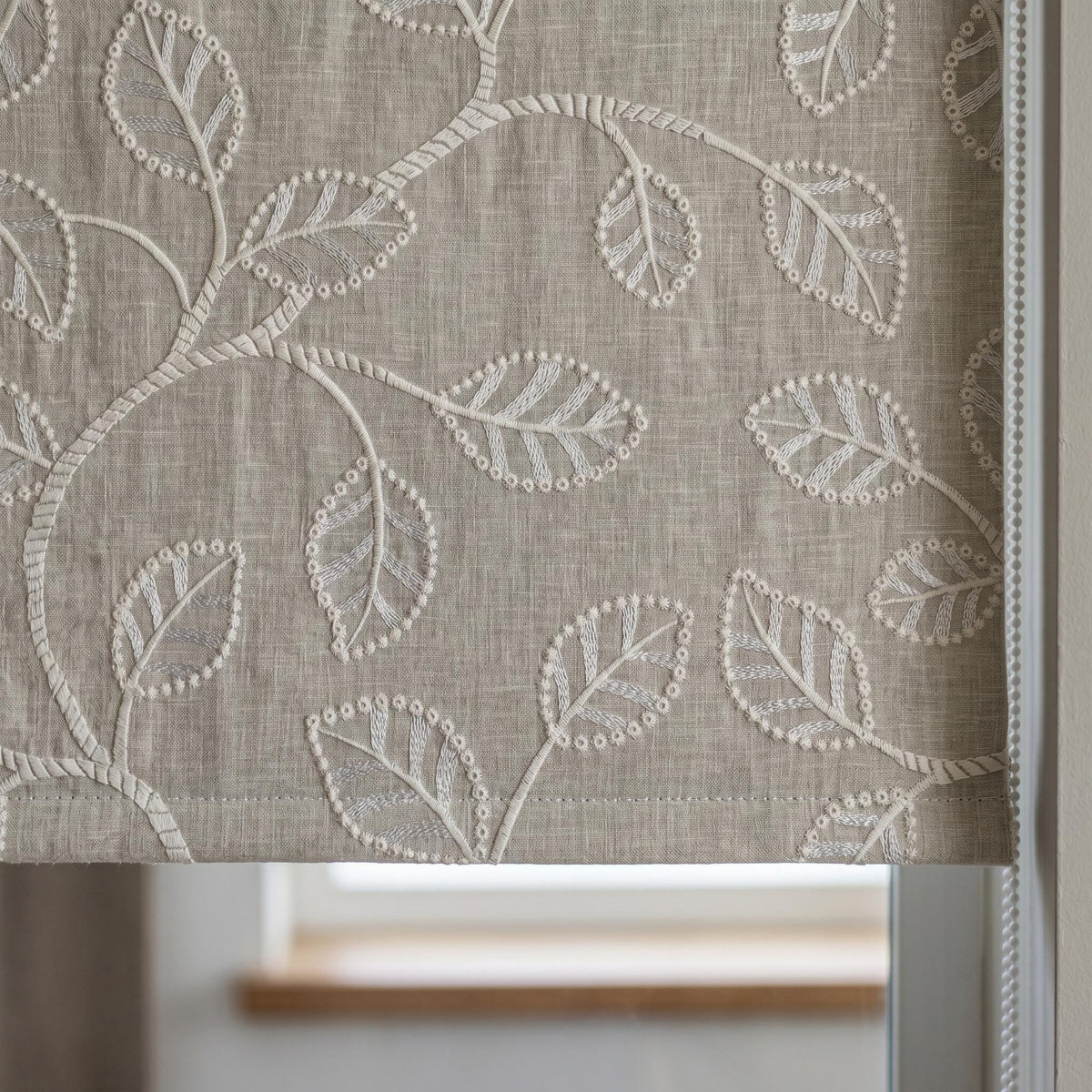 Ivory Botanical Embroidered Linen Roman Shade, Custom Blackout or Cotton Lined Corded Window Blind, Natural Oatmeal — image 8